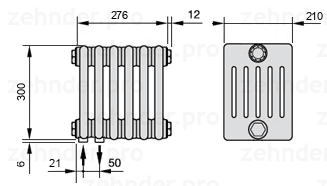 Схема (чертеж) Радиатор Zehnder Charleston 6030/6 №3370 Белый глянцевый RAL 9016